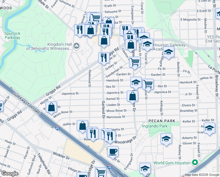 map of restaurants, bars, coffee shops, grocery stores, and more near 7030 Ilex Street in Houston