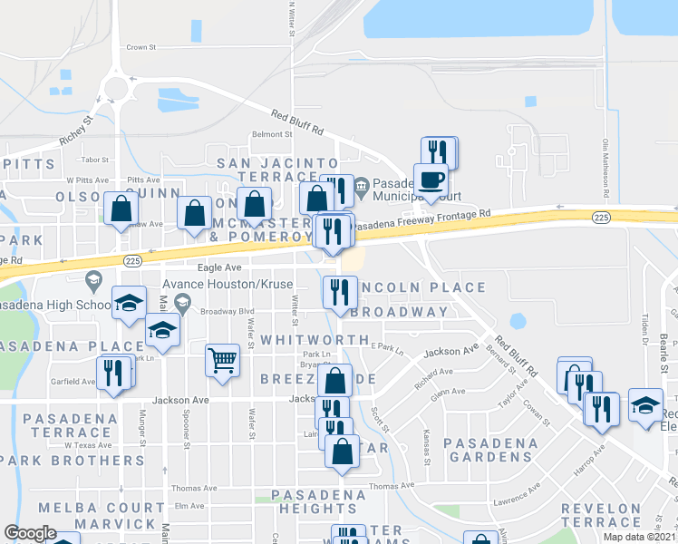 map of restaurants, bars, coffee shops, grocery stores, and more near 213 Pasadena Boulevard in Pasadena