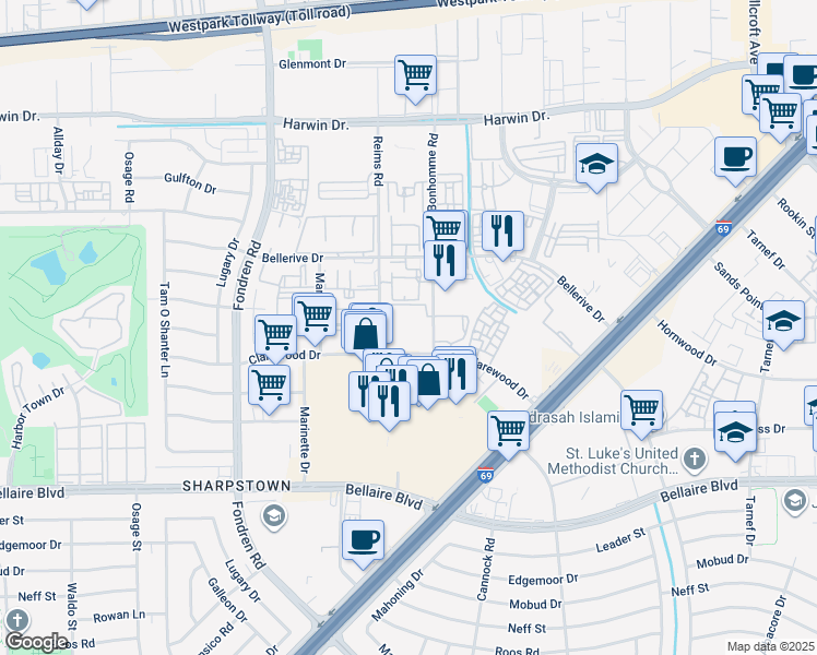 map of restaurants, bars, coffee shops, grocery stores, and more near 7400 Clarewood Drive in Houston