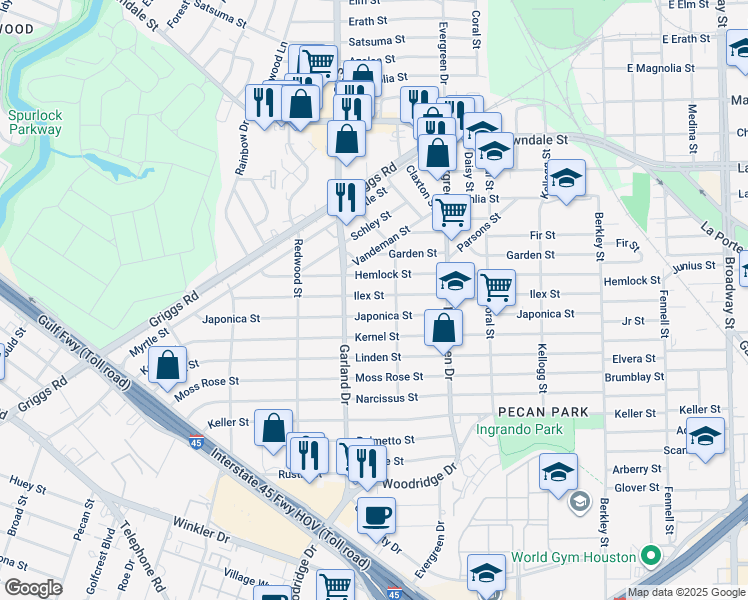 map of restaurants, bars, coffee shops, grocery stores, and more near 7030 Ilex Street in Houston