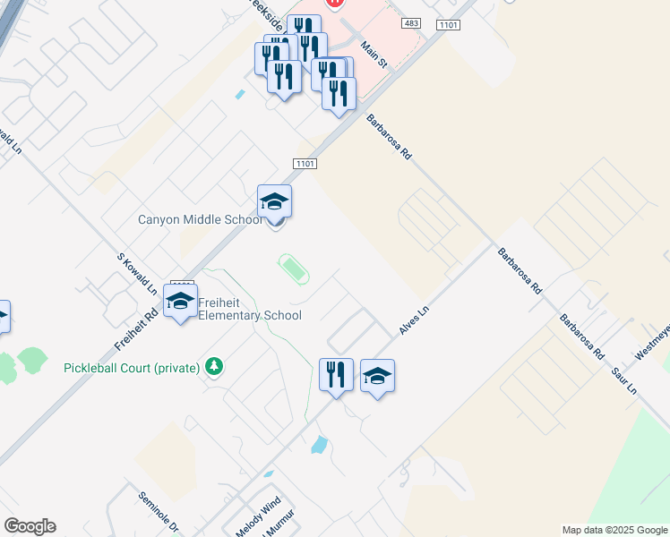 map of restaurants, bars, coffee shops, grocery stores, and more near 307 Creekside Curve in New Braunfels