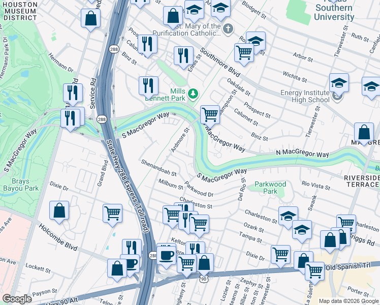 map of restaurants, bars, coffee shops, grocery stores, and more near 3138 South Macgregor Way in Houston