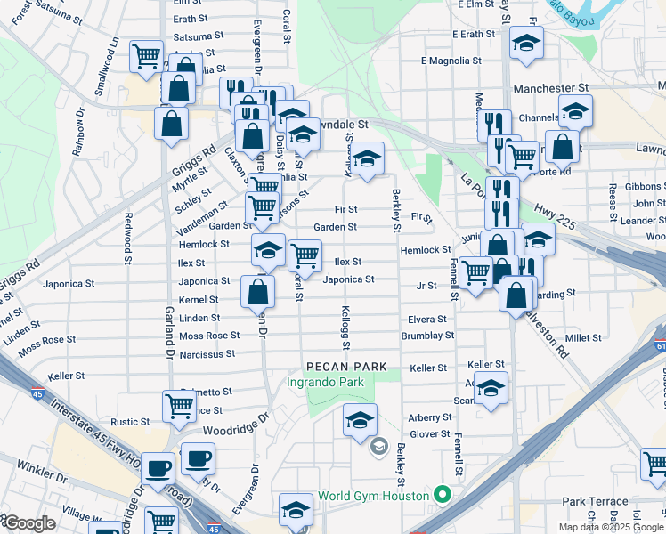 map of restaurants, bars, coffee shops, grocery stores, and more near 7503 Japonica Street in Houston
