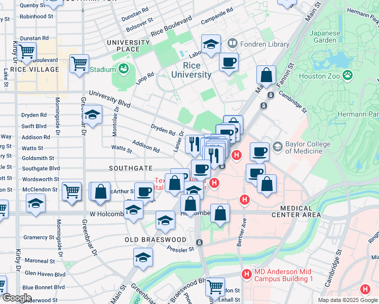 map of restaurants, bars, coffee shops, grocery stores, and more near 1929 Dryden Road in Houston