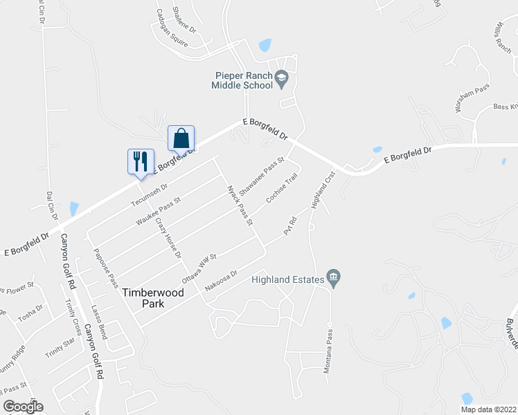 map of restaurants, bars, coffee shops, grocery stores, and more near 1335 Cochise Trail in San Antonio