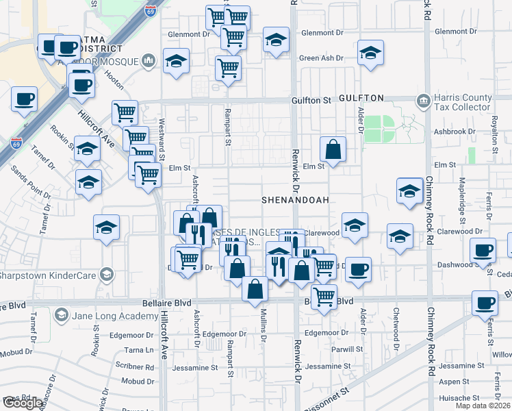 map of restaurants, bars, coffee shops, grocery stores, and more near 6002 Hornwood Drive in Houston