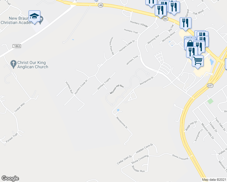map of restaurants, bars, coffee shops, grocery stores, and more near 664 Mission Hill Run in New Braunfels
