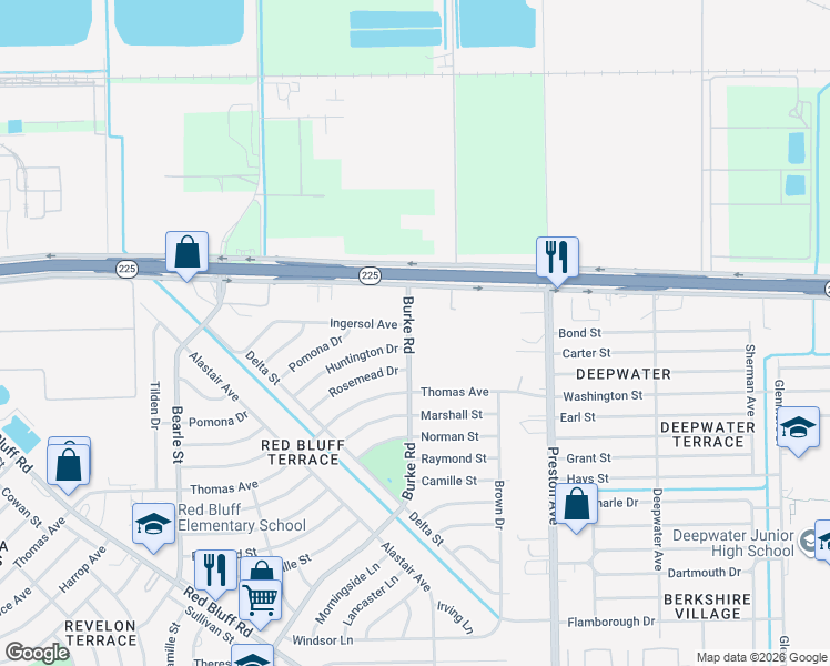 map of restaurants, bars, coffee shops, grocery stores, and more near 121 Burke Road in Pasadena
