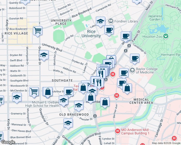 map of restaurants, bars, coffee shops, grocery stores, and more near 1929 Dryden Road in Houston