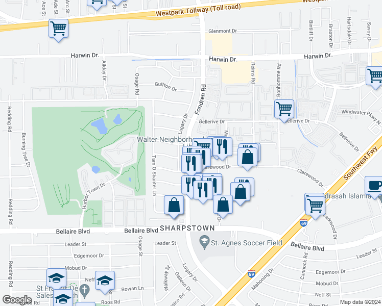 map of restaurants, bars, coffee shops, grocery stores, and more near 6315 Lugary Drive in Houston