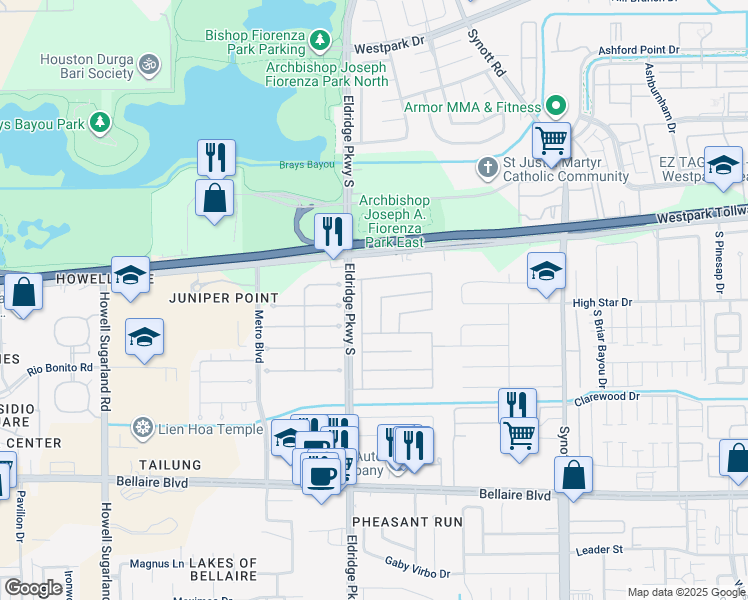 map of restaurants, bars, coffee shops, grocery stores, and more near 6322 Cape Forward Drive in Houston
