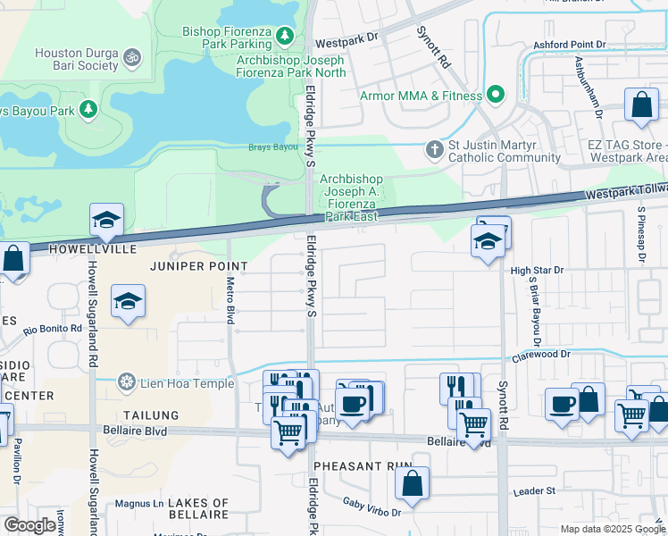 map of restaurants, bars, coffee shops, grocery stores, and more near 6322 Cape Forward Drive in Houston