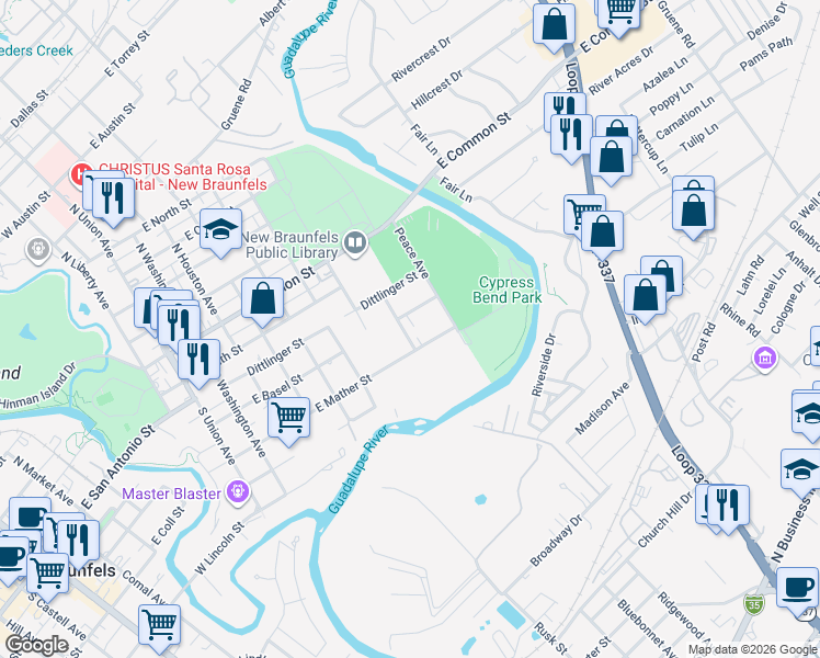 map of restaurants, bars, coffee shops, grocery stores, and more near 525 Labor Avenue in New Braunfels