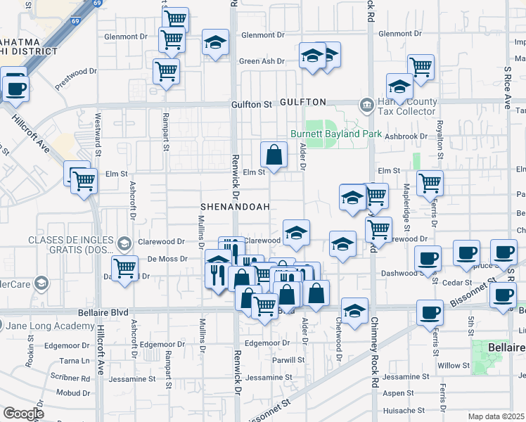map of restaurants, bars, coffee shops, grocery stores, and more near 5807 Moonmist Drive in Houston