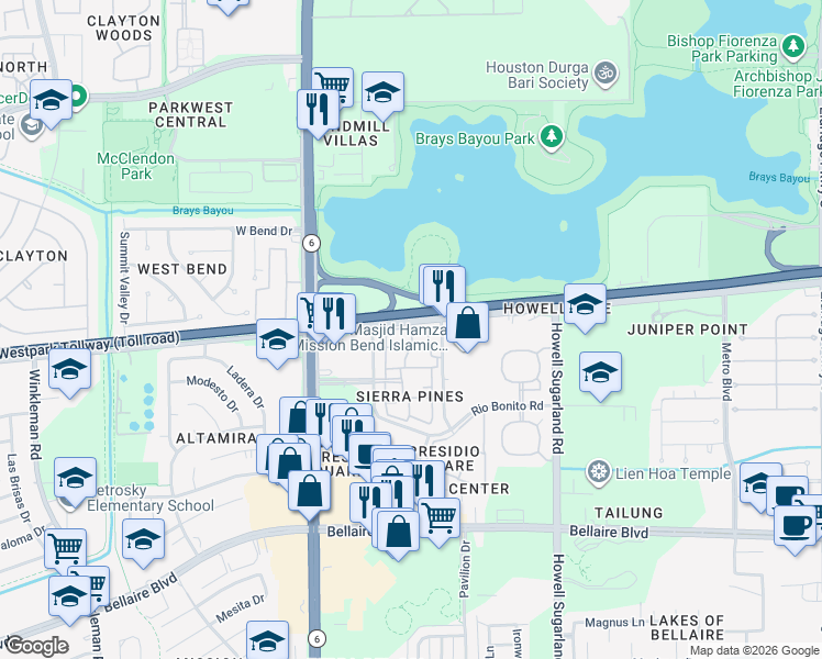 map of restaurants, bars, coffee shops, grocery stores, and more near 6301 Sierra Blanca Drive in Houston