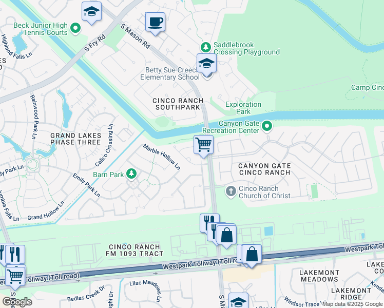 map of restaurants, bars, coffee shops, grocery stores, and more near 20807 Townsgate Court in Katy