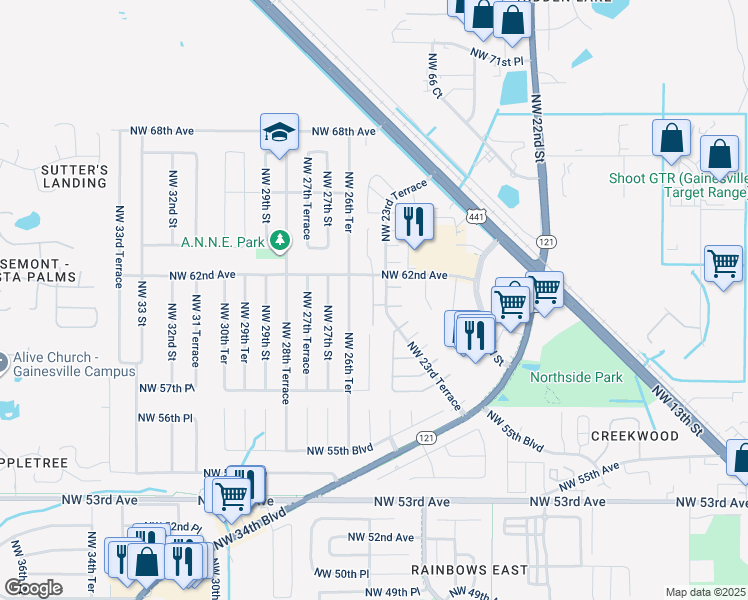 map of restaurants, bars, coffee shops, grocery stores, and more near 6031 Northwest 26th Street in Gainesville