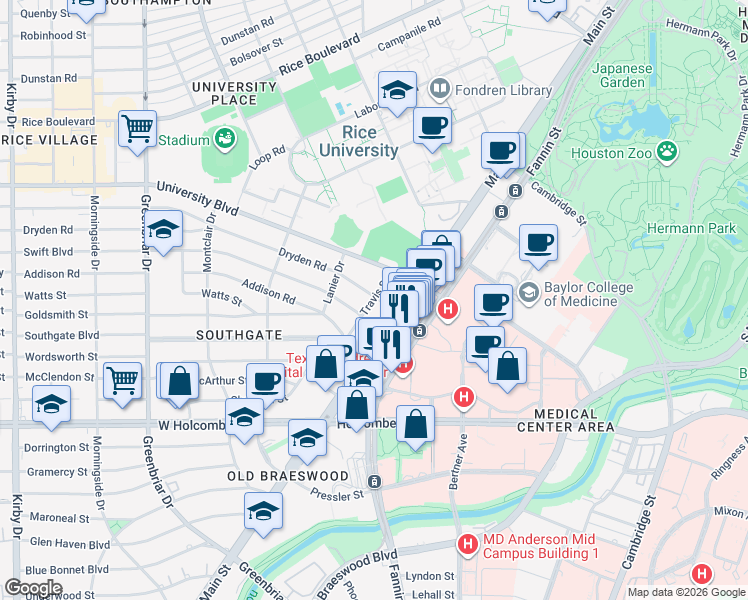 map of restaurants, bars, coffee shops, grocery stores, and more near 1929 Dryden Road in Houston