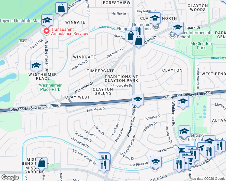 map of restaurants, bars, coffee shops, grocery stores, and more near 4014 Eagle Bluff Court in Houston