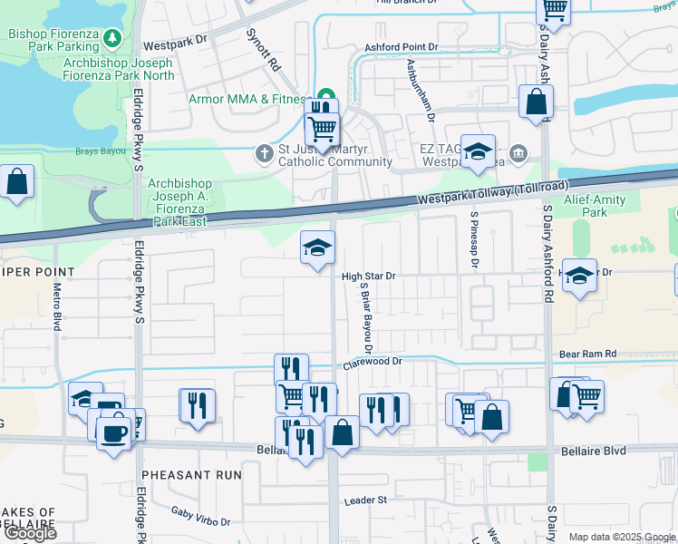 map of restaurants, bars, coffee shops, grocery stores, and more near 6234 South Bayou Knoll Drive in Houston