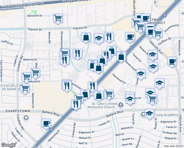 map of restaurants, bars, coffee shops, grocery stores, and more near 6904 Southwest Freeway in Houston