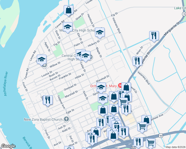 map of restaurants, bars, coffee shops, grocery stores, and more near 901-999 Onstead Street in Morgan City
