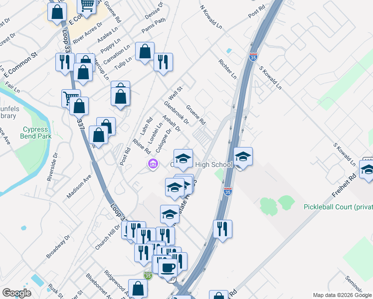 map of restaurants, bars, coffee shops, grocery stores, and more near 1534 Eichen Road in New Braunfels