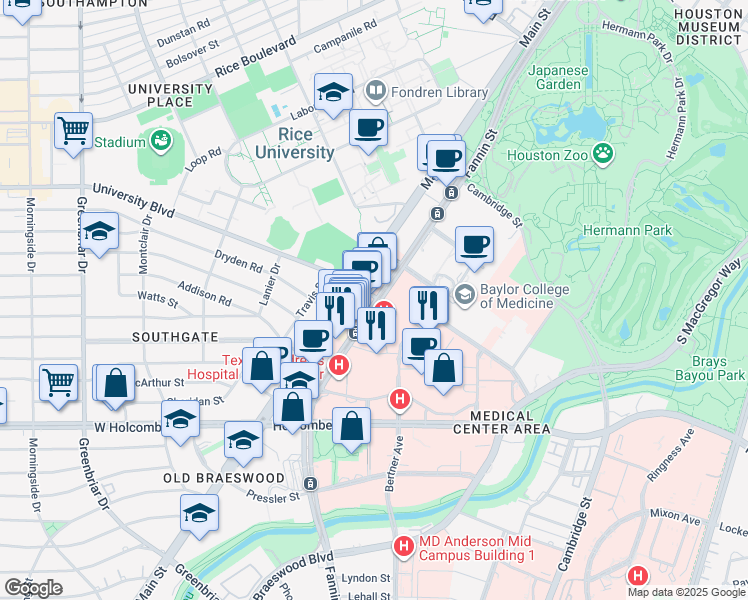 map of restaurants, bars, coffee shops, grocery stores, and more near 6560 Fannin Street in Houston