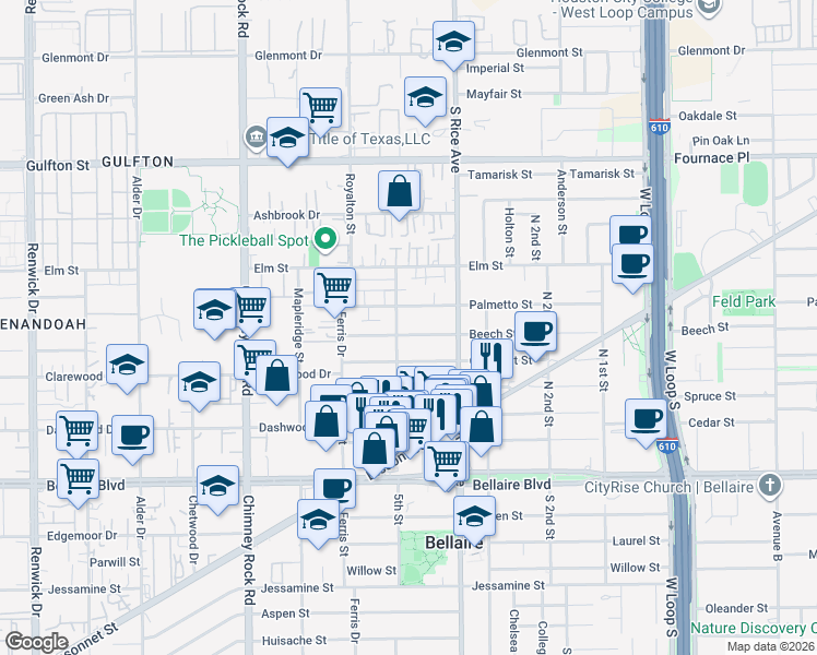 map of restaurants, bars, coffee shops, grocery stores, and more near 5201 Beech Street in Bellaire