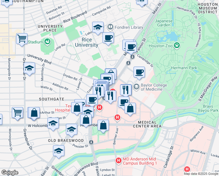 map of restaurants, bars, coffee shops, grocery stores, and more near in Houston