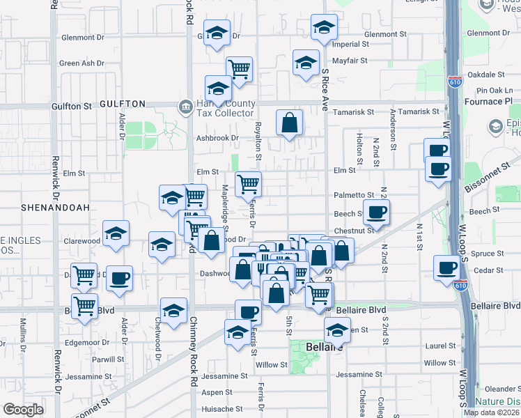 map of restaurants, bars, coffee shops, grocery stores, and more near 5217 Beech Street in Bellaire