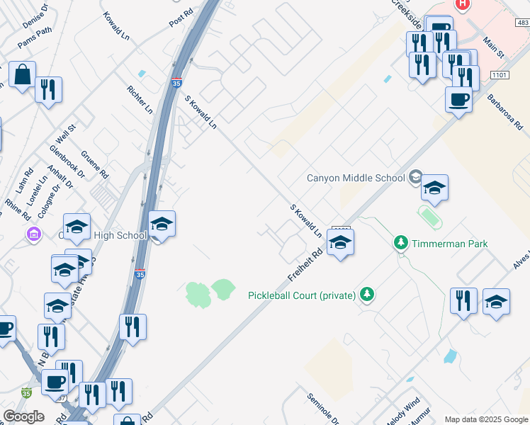 map of restaurants, bars, coffee shops, grocery stores, and more near 510 South Kowald Lane in New Braunfels