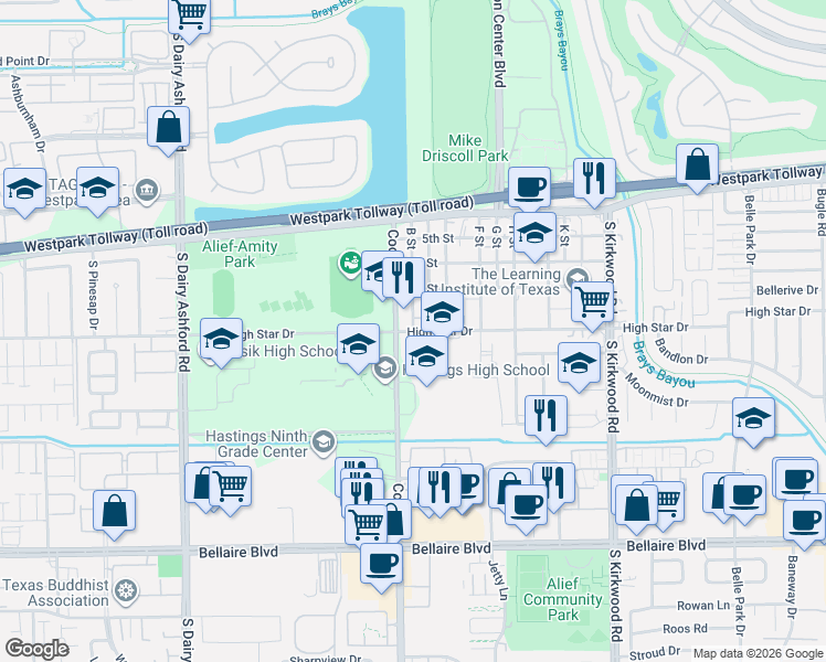 map of restaurants, bars, coffee shops, grocery stores, and more near 5616 B St in Houston