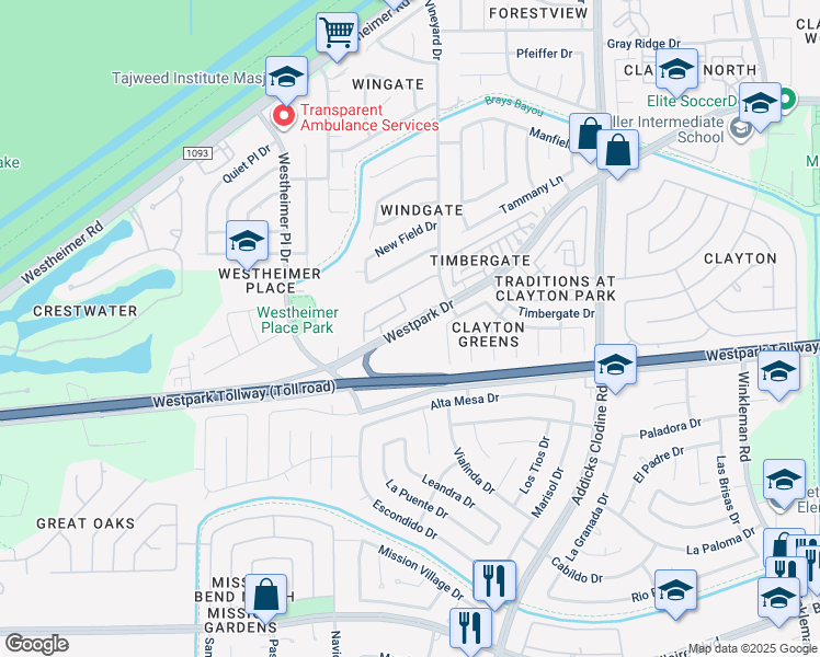 map of restaurants, bars, coffee shops, grocery stores, and more near 16225 Westpark Drive in Houston