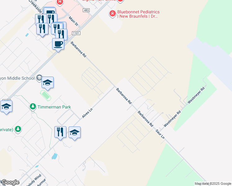 map of restaurants, bars, coffee shops, grocery stores, and more near 1010 Barbarosa Road in New Braunfels