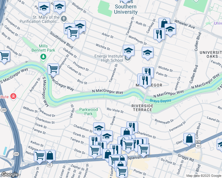 map of restaurants, bars, coffee shops, grocery stores, and more near 3553 North MacGregor Way in Houston