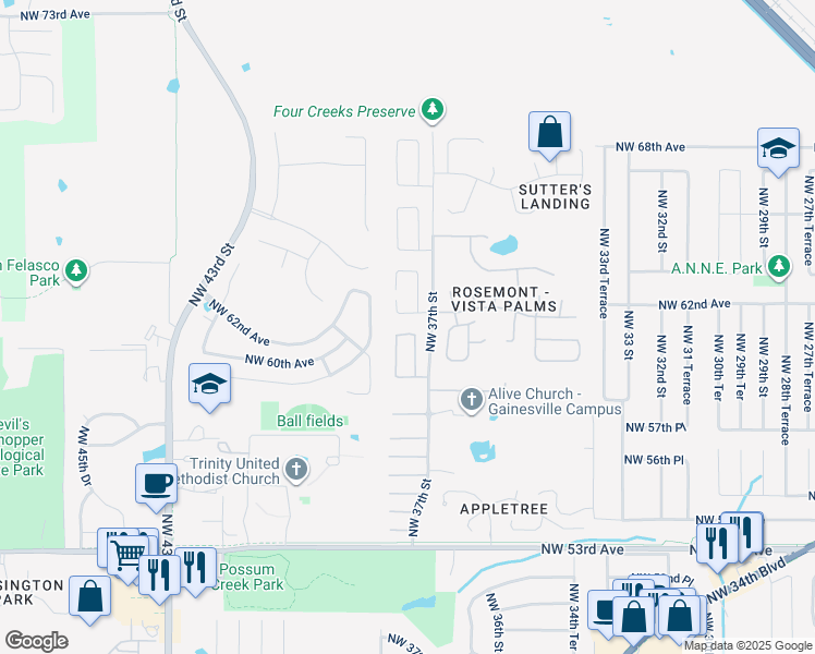 map of restaurants, bars, coffee shops, grocery stores, and more near 3730 Northwest 61 Place in Gainesville