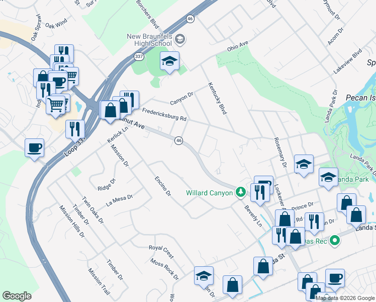 map of restaurants, bars, coffee shops, grocery stores, and more near 1203 North Walnut Avenue in New Braunfels