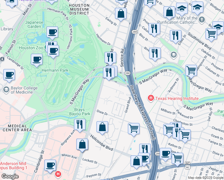 map of restaurants, bars, coffee shops, grocery stores, and more near 6218 Gehring Street in Houston