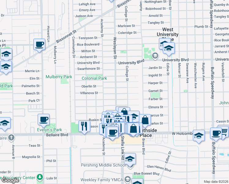 map of restaurants, bars, coffee shops, grocery stores, and more near 4025 Villanova Street in West University Place