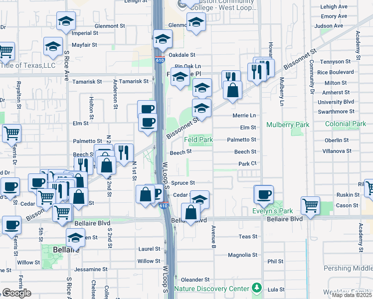 map of restaurants, bars, coffee shops, grocery stores, and more near 4629 Beech Street in Bellaire