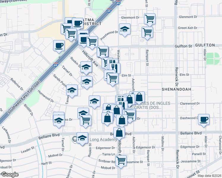 map of restaurants, bars, coffee shops, grocery stores, and more near 6437 High Star Drive in Houston