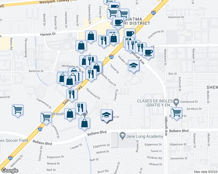 map of restaurants, bars, coffee shops, grocery stores, and more near 6808 Hornwood Drive in Houston