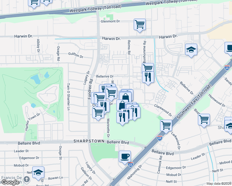map of restaurants, bars, coffee shops, grocery stores, and more near 7500 Clarewood Drive in Houston