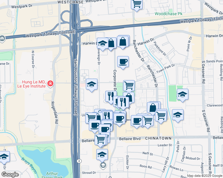map of restaurants, bars, coffee shops, grocery stores, and more near 6207 Corporate Drive in Houston