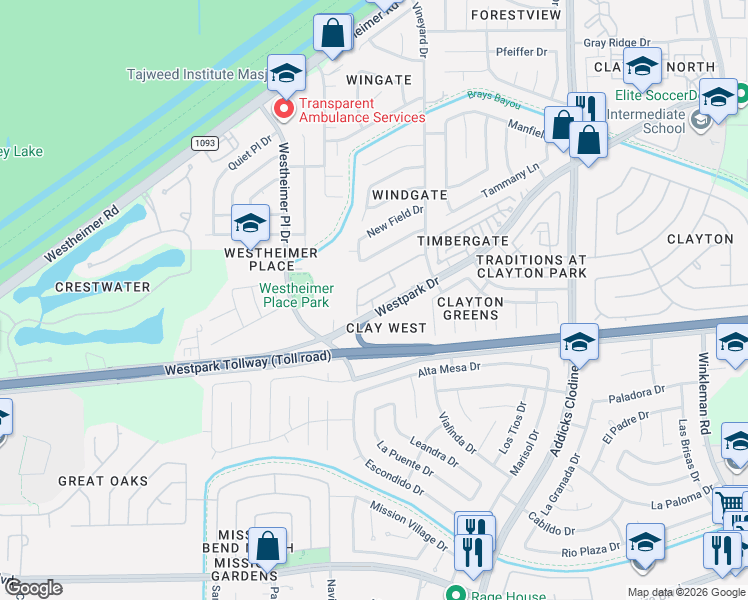 map of restaurants, bars, coffee shops, grocery stores, and more near 16259-16271 Westpark Drive in Houston