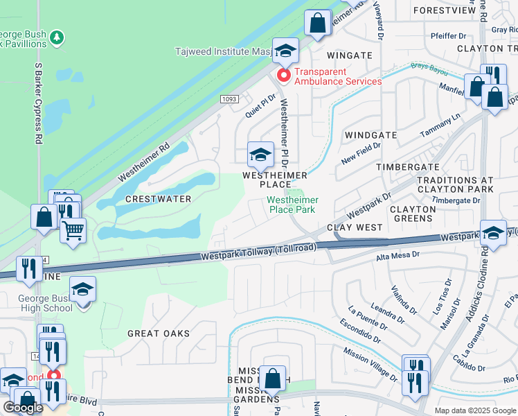 map of restaurants, bars, coffee shops, grocery stores, and more near 4227 Barrow Ridge Lane in Houston