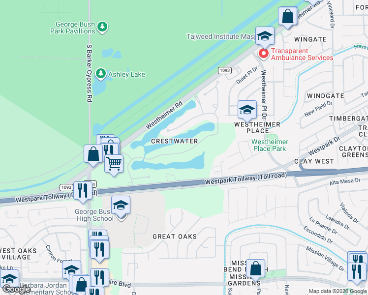 map of restaurants, bars, coffee shops, grocery stores, and more near 330 Bridge Crest Boulevard in Houston