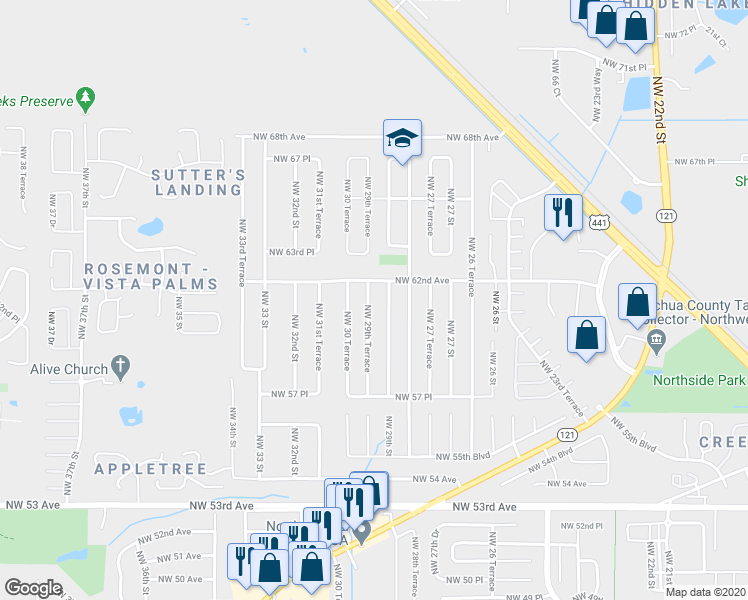 map of restaurants, bars, coffee shops, grocery stores, and more near 6121 Northwest 29th Terrace in Gainesville