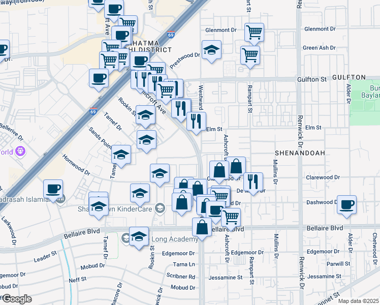 map of restaurants, bars, coffee shops, grocery stores, and more near 6440 Hillcroft Street in Houston